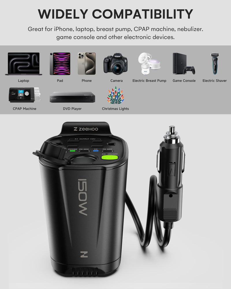 150W Car Power Inverter, 12V DC to 110V AC Car Plug Adapter Outlet Converter, with 2 AC Outlets, A 18W USB A and Dual 30W PD Car Charger, for Laptop Computer - Black