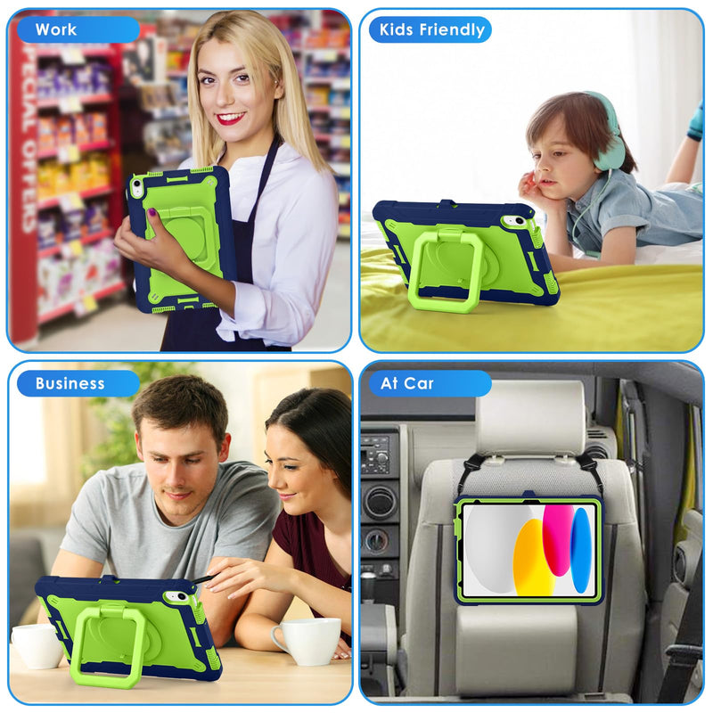 DETUOSI Shockproof Case for iPad A16 11th Gen 11" 2025, Dark Blue + Green | for iPad 10th Generation Case 10.9", 360 Rotatable Stand & Shoulder Strap, 3-layer Protection, Heavy Duty Protective Cover