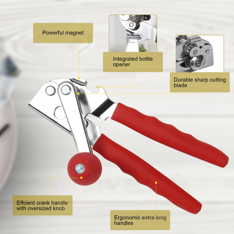 Commercial Can Opener, Stainless Steel Heavy Duty Manual Hand Crank Can Opener, with Comfortable Ergonomic Design Extra-long Handles, Large Handheld Smooth Can Open Easy for Big Cans, Red