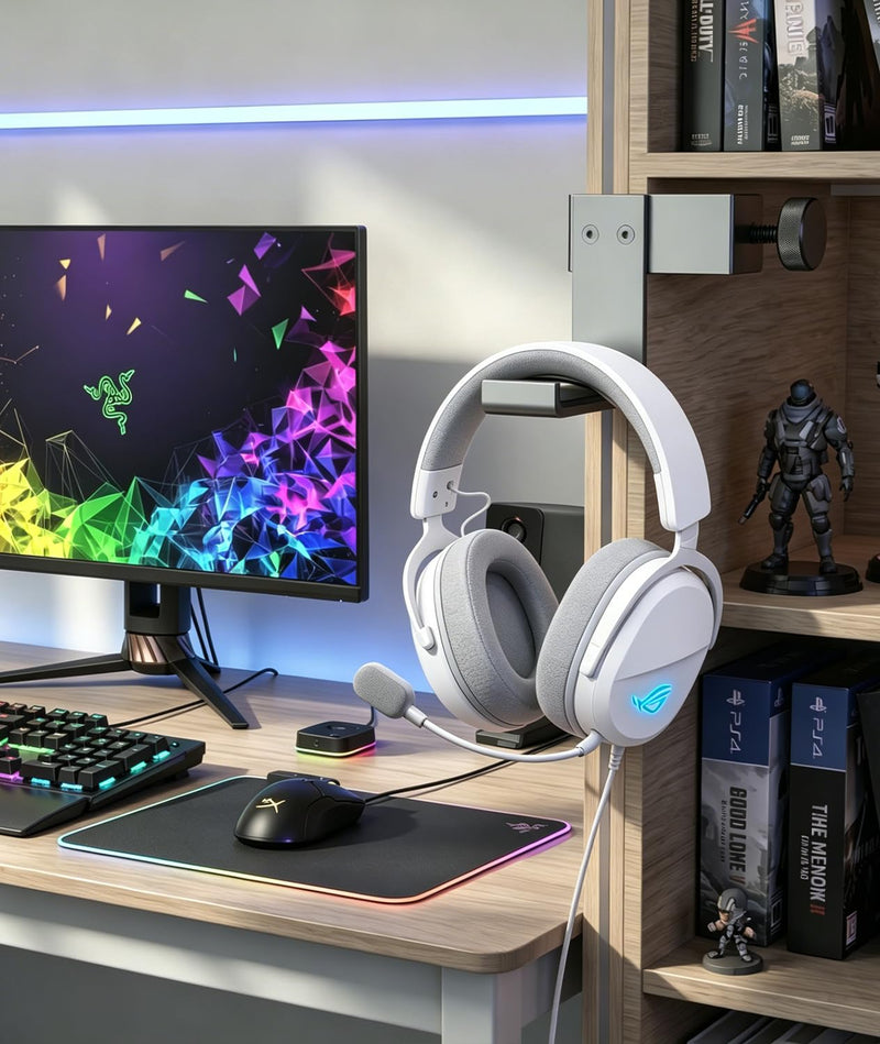 Kimiangel Headphone Stand Under Desk, Foldable Aluminum Headset Holder with Adjustable Screw Clamp, Headphone Hook Mount for Gaming Accessories, Space-Saving Under Table Headset Hanger