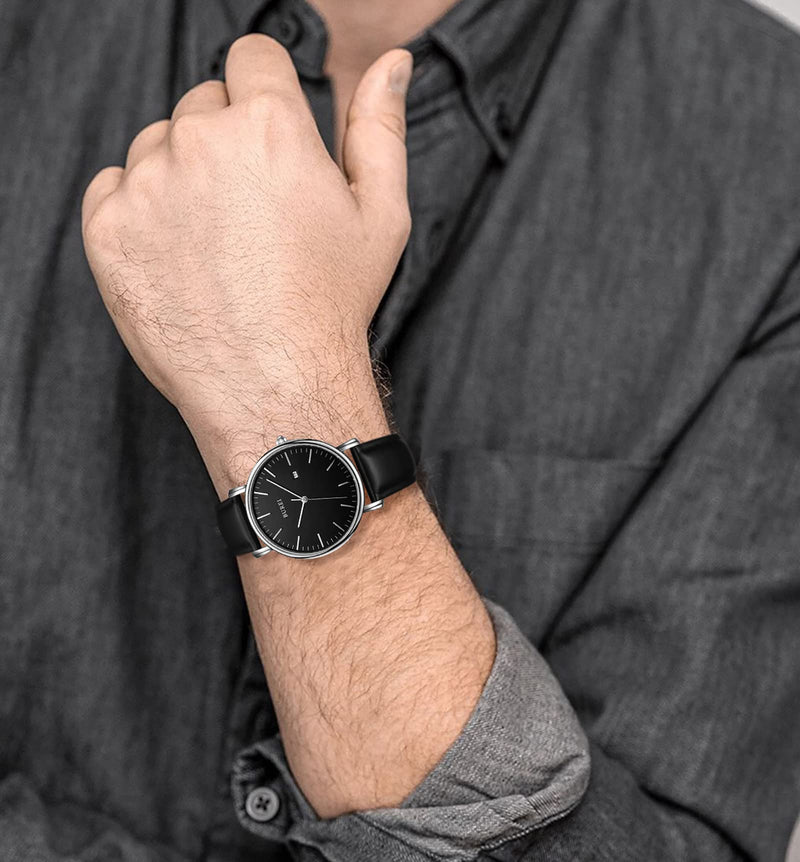 BUREI Men Watches Brown Leather Fashion Minimalist Wrist Watch Simple Ultra Thin Waterproof Quartz Watches All Black Stainless Steel Mesh Band,Gift for Men Women