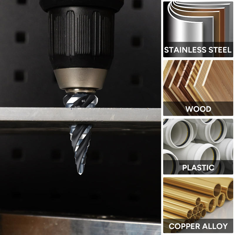 Four Spiral Flute Step Drill Bit Set, 1/8"-1-3/8" (59 Sizes), 5PCS High-Speed Steel Unibit Step Bits with 1/4" and 3/8" Hex Shank for Stainless Steel,Metal,Aluminum,Wood,Plastic HSS 5 Piece(Black)