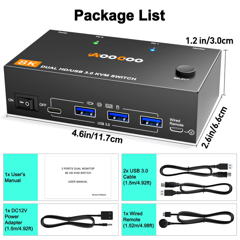 KVM Switch 2 Monitors 2 Computers 8K@60Hz/4K120Hz,HDMI USB3.0 Dual Monitors KVM Switches with 4 USB 3.0 Port,Wired Remote,USB3.0 Cables Included(8K 2 PC 2 Monitor KVM) 8K 2 PC 2 Monitor KVM