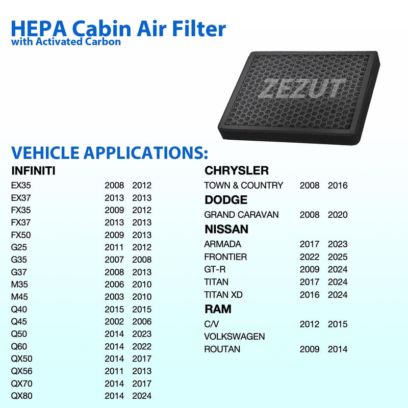 CF10743 Cabin Air Filter - Fits Chrysler Town & Country, Dodge Grand Caravan, Nissan Armada/Titan, Infiniti G25/G35/M45/Q40/Q50/QX70 | Honeycomb Structure with Activated Carbon Beads (1 Pack) CF10743