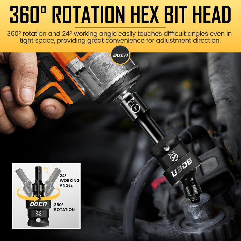 boen 3/8" Drive Universal Hex Bit Socket Set, 7-Piece SAE Impact Swivel Allen Bit Sockets, 360° Rotation Flexible Wobble Hex Bit Driver Socket Set, With Storage Rail, CR-MO Steel HEX-SAE