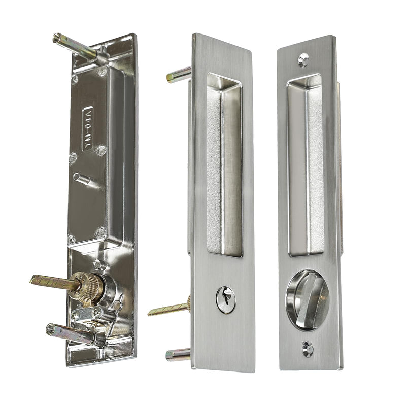 Pocket Door Lock with Key Privacy Pocket Door Handle Hardware with Lock for Bathroom Bedroom Invisible Rectangular Edge Pull Furniture Hardware(Brushed Sliver, 7 Inch) Brushed Nickel