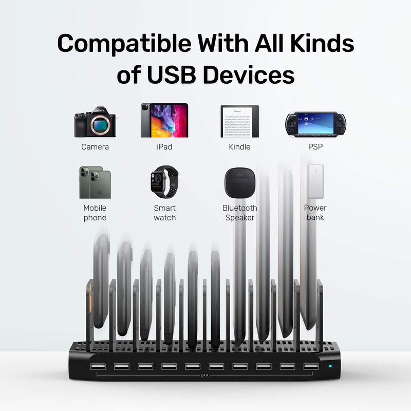 Unitek USB Charging Station, 10 USB Fast Ports Charge Docking Station and Adjustable Dividers, Multi Device Charger Organizer Compatible with iPad, iPhone, Tablet and Cell Phone 60W+10 Port, Black Pack of 1