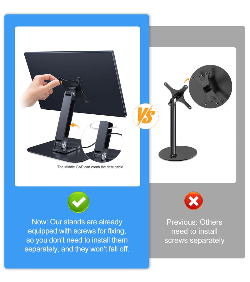 Portable Monitor Stand VESA 75x75mm Holes M4 Anti-Loss Screws, Aluminum Alloy Base, Fits 7"- 18", 15.6" 16" 17" 17.3" 18" Inch Small Monitors Lay Flat, Black Desk Mount (Not Fits100x100mm)