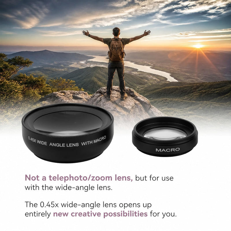 2-in-1 Phone Camera Lens, 0.45X Wide Angle (140°) & 15X Macro Universal Clip-On Lens for iPhone/Android Cell Phones Including Travel Storage Bag