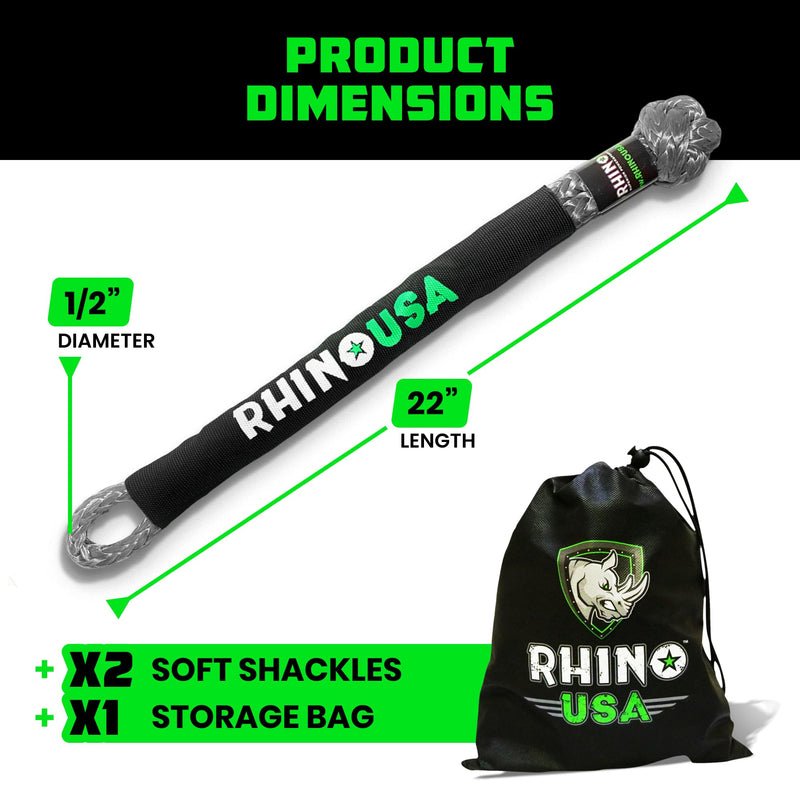 Rhino USA Synthetic Soft Shackle Rope (2-Pack) - 1/2 Inch x 22 Inch (44,050lb Min Break Strength) Offroad Soft Shackle Recovery Kit for Truck, UTV, ATV - Compatible with Jeep, Toyota, Ford & More! Gray 1/2 inch - 2 PK