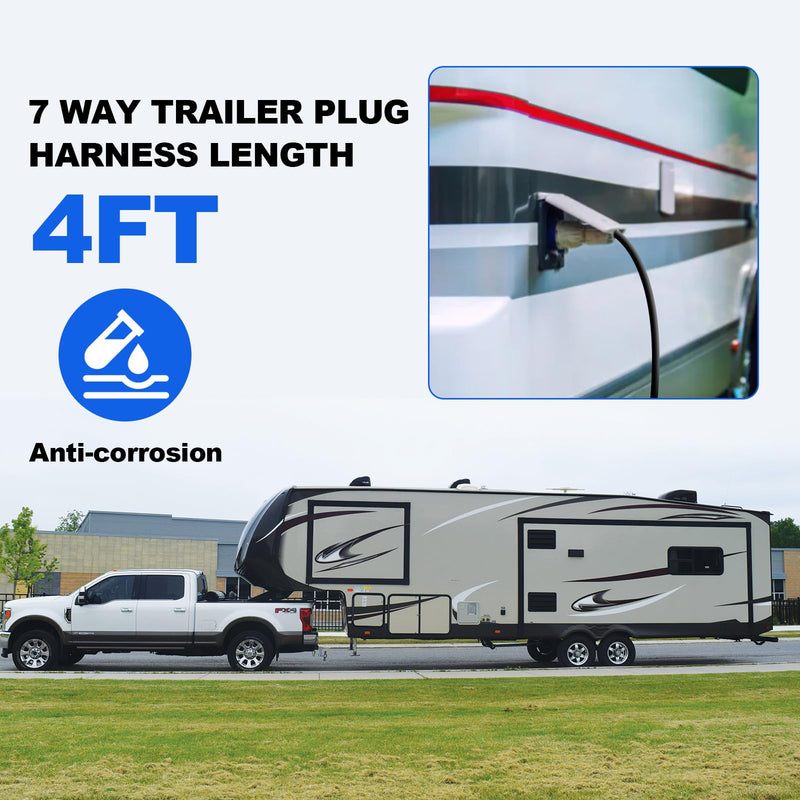 4 FT 7 Pin Trailer Plug Heavy Duty Trailer Wire Extension Pure Copper 7 Wire Trailer Wiring Harness Kit with Dust Cover 7 Way Trailer Plug Cord for RVs Trailers Campers 7P-4 FT