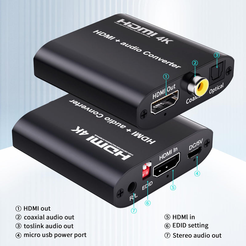 BolAAzuL HDMI Audio Extractor 4K@30Hz, HDMI 1.4 to Optical Toslink & Coaxial SPDIF Audio Converter Adapter - Supports 5.1 CH Audio, EDID Management -Not Support ARC eARC or CEC 4K@30Hz HDMI Audio Extractor