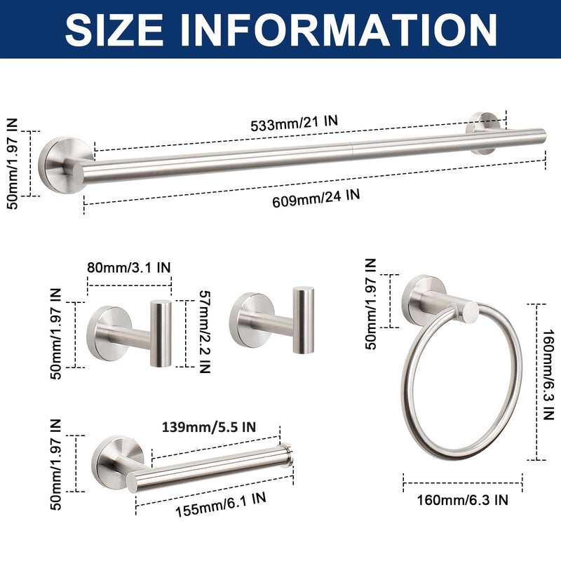 NearMoon 5 Pieces Bathroom Hardware Set SUS304 Thicken Stainless Steel-Towel Rack Kit Include 24" Towel Rod +Bath Towel Ring +Toilet Paper Holder +2 Robe Towel Hooks Bath Accessories (Nickel) Brushed Nickel Towel Bar Set (5 Piece)