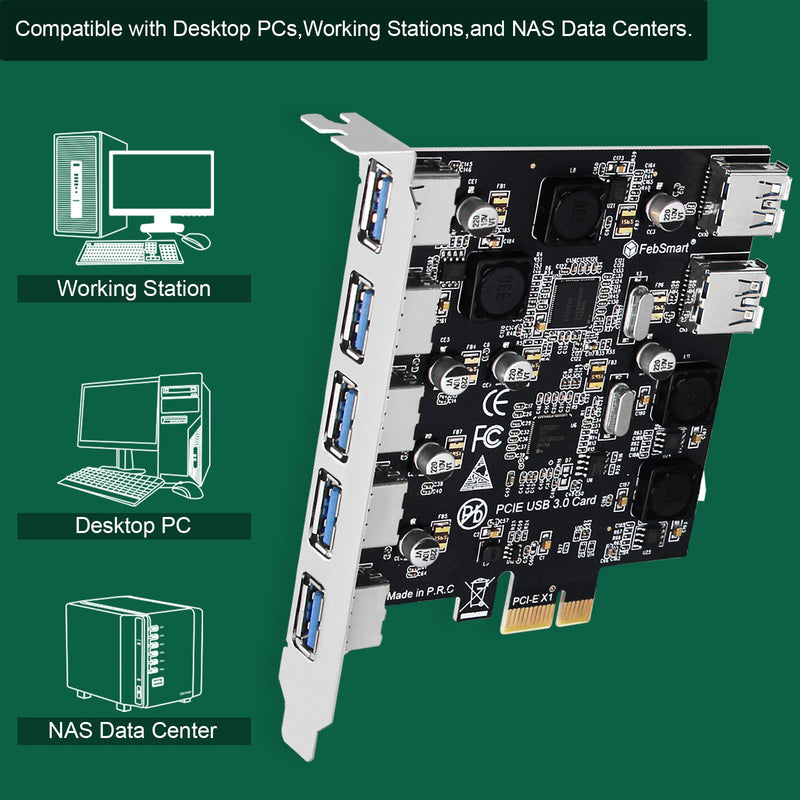 7-Ports Superspeed 5Gbps PCIE USB 3.0 Expansion Card for Windows 11, 10, 8.x, 7, Vista, XP Desktop PCs, Built in FebSmart Self-Powered Technology, No Need Additional Power Supply (FS-U7-Pro) FS-U7-Pro