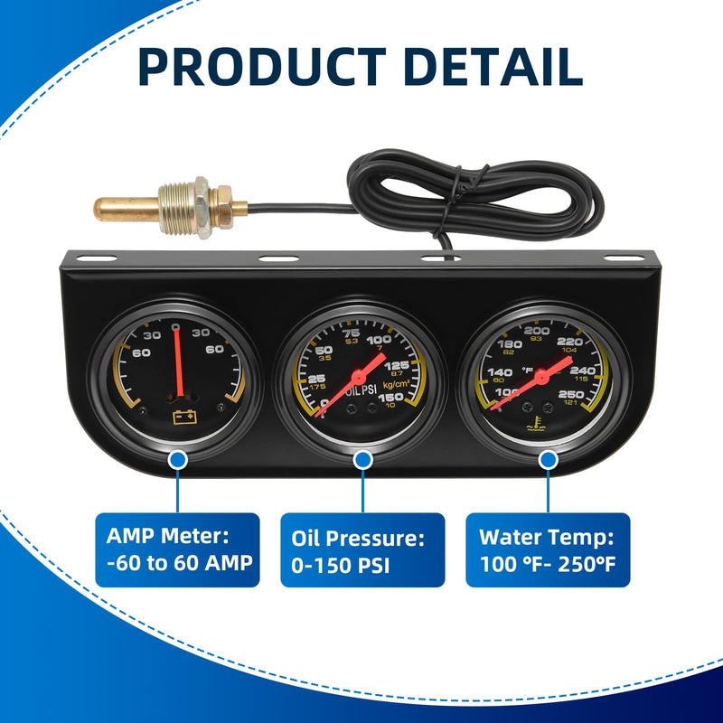 MH 2inch 52mm Triple Gauge Set, Oil Pressure Gauge(0-150PSI) Water Temperature (100°F-280°F) Ammeter (-60 to 60AMP) Car Auto 3 Gauge Cluster Set Kit