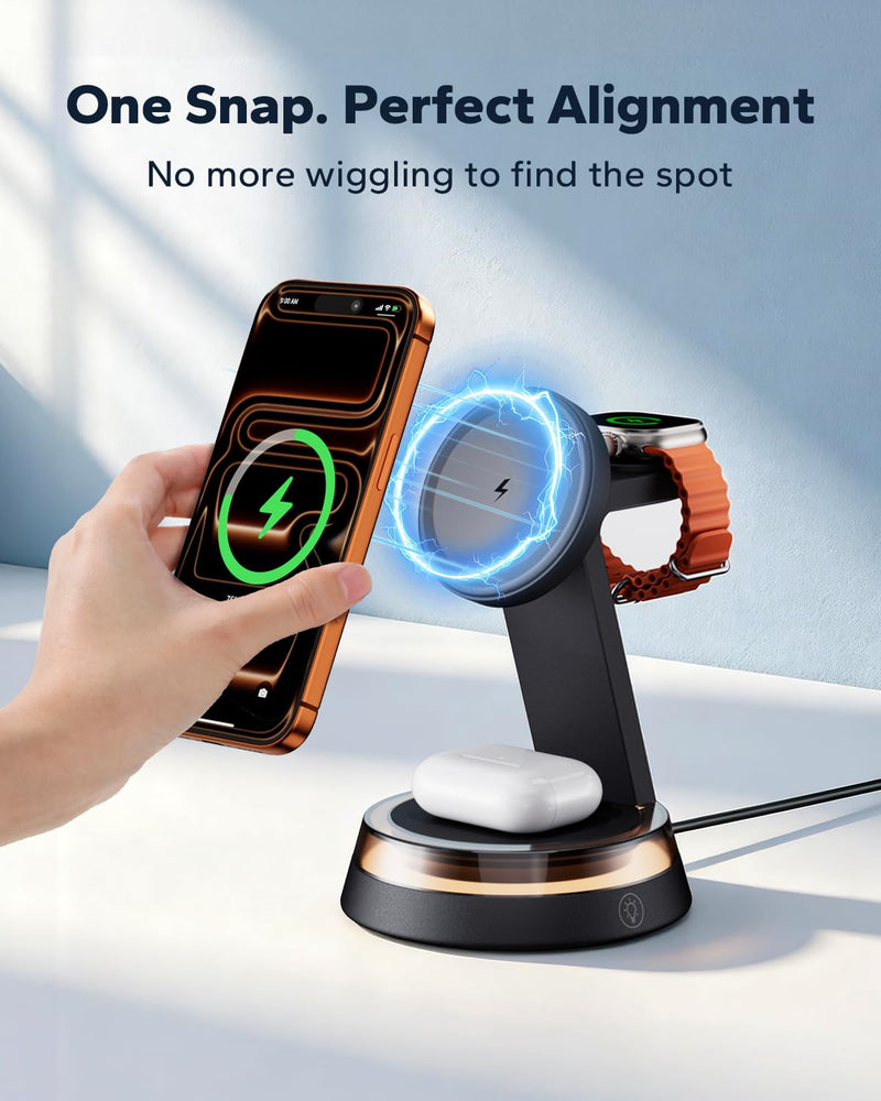 3 in 1 iPhone Nightstand Charging Station for MagSafe, 15W Fast Wireless Charger Stand with Night Light for Desk, Charging Dock for iPhone 17 16 15 13 12 / Apple Watch/AirPods, with 30W Adapter