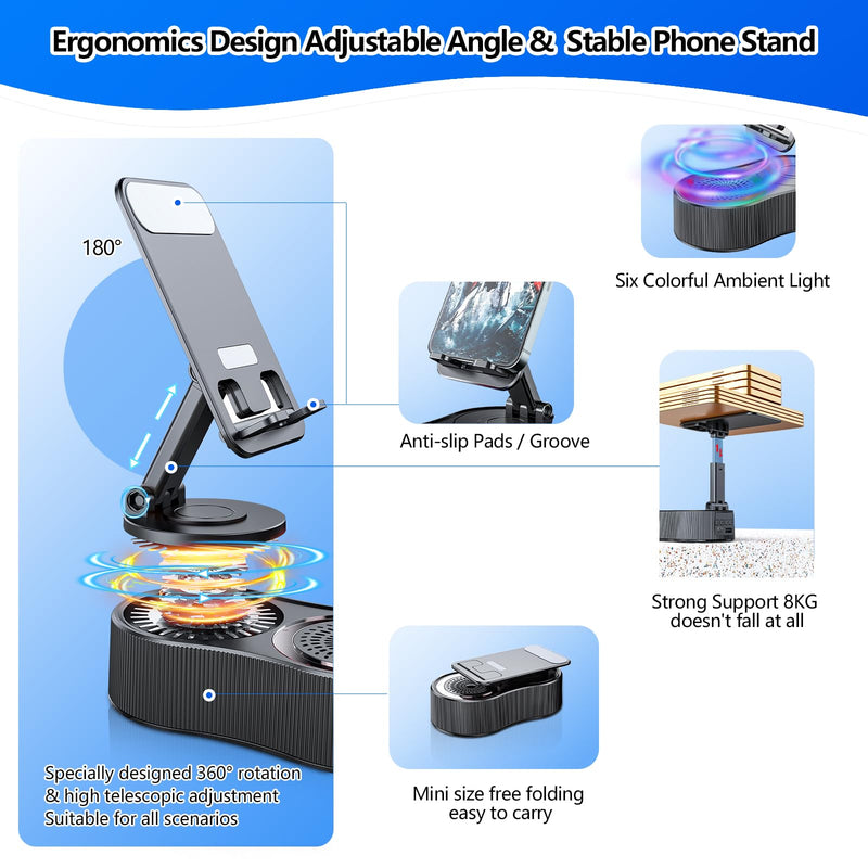 Gifts for Men Women,Cell Phone Stand with Wireless Bluetooth Speaker,Colorful Ambient Light 360° Foldable for Tablet iPhone Android 2 Wireless Microphones HD Surround Sound (Black) Black