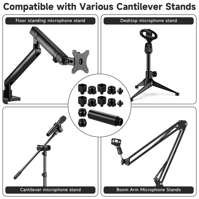 13 Pack Microphone Stand Adapter Screws with Extension Tube | 3/8 to 5/8 and 1/4 Screw Thread Adapter Mic Thread Adapter Set for Mic Boom Arm, Microphone Camera Tripod, Projector Stand