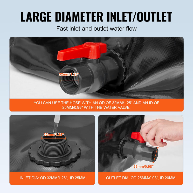 VEVOR 540L/142.7 Gallon Water Storage Bladder, RV Water Tank, 1000D PVC Collapsible Water Storage Containers, Large Capacity Soft Water Bag, Portable Water Bladder,Camping, Emergency Water Supply Black