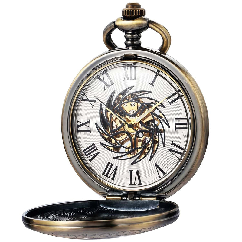 Mechanical Pocket Watch, for Men Women Special Magnifier Half Hunter Engraved Case Roman Numerals with Chain Ba. Sun-God-Bird, Bronze Black