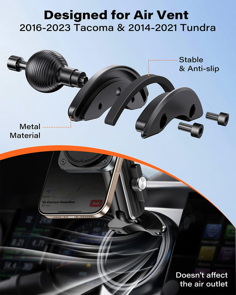 APPS2Car Alloy Magnetic Phone Mount for Tacoma 2016-2023 & Tundra 2014-2021 | Metal 20mm Ball & Socket Arm, 20*N55 Magnets, Anti-Slip, Ring for Non-MagSafe