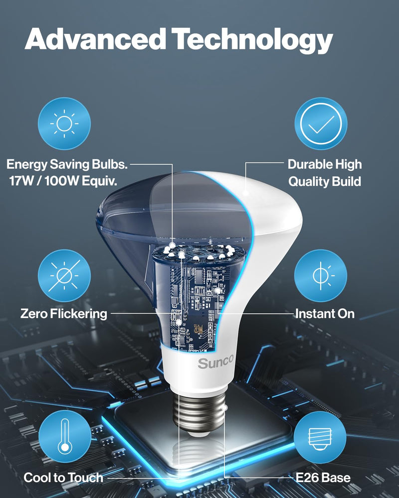 Sunco BR40 LED Light Bulbs, Indoor Flood Lights, Recessed Can Light Bulb, 1400 LM, 17W (100W Equivalent), 5000K Daylight, Dimmable, E26 Base, for Home, Bedroom, Kitchen UL 4 Pack
