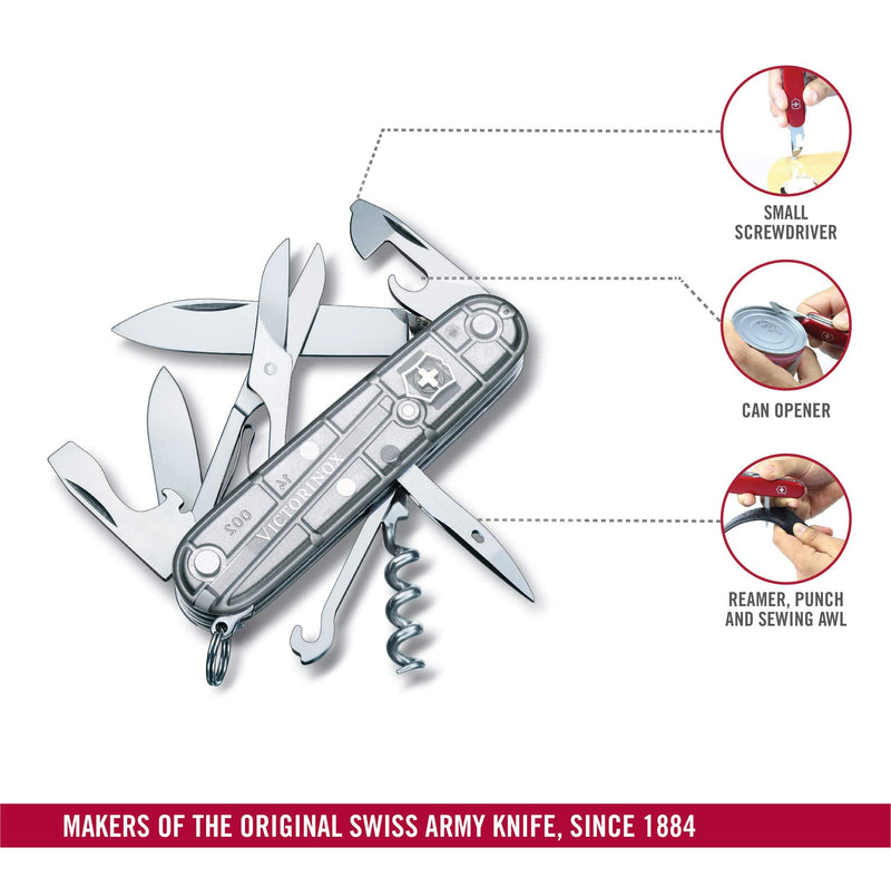 Victorinox Climber Swiss Army Knife, 14-Function Pocket Knife, Silver | Swiss-made pocket knife, durable construction, multifunction tool, camping and everyday use Silver Tech
