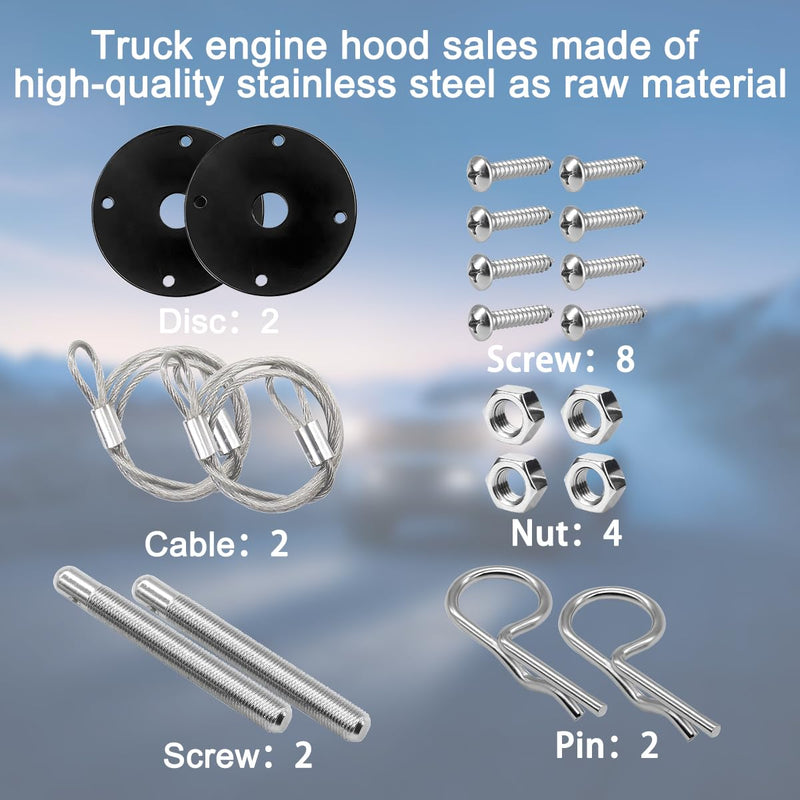 Mandark Car Hood Pins Kit, Stainless Steel Automotive Engine Hood Pin Lock Clip with Racing Lanyard, Vehicle Exterior Engine Cover Lock Accessories, Universal for RV, SUV, Truck (Black) Black