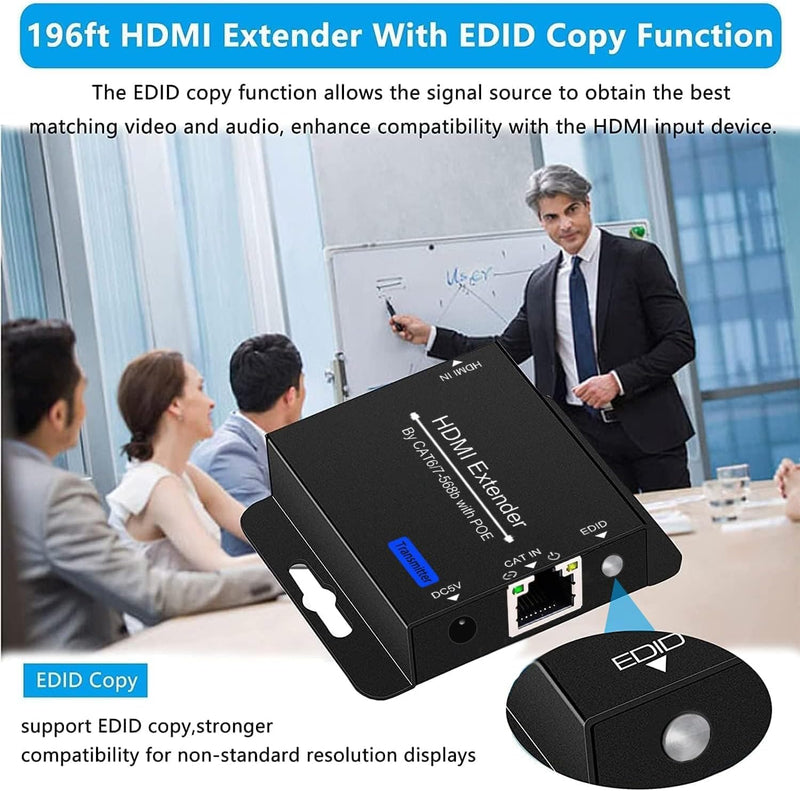 200ft HDMI Extender Over CAT6 CAT7 RJ45 Ethernet to HDMI Converter LAN Extension POC Support 1080P 3D EDID Copy Deep Color Compatible with PC PS4 Roku Unilateral Power Supply gray