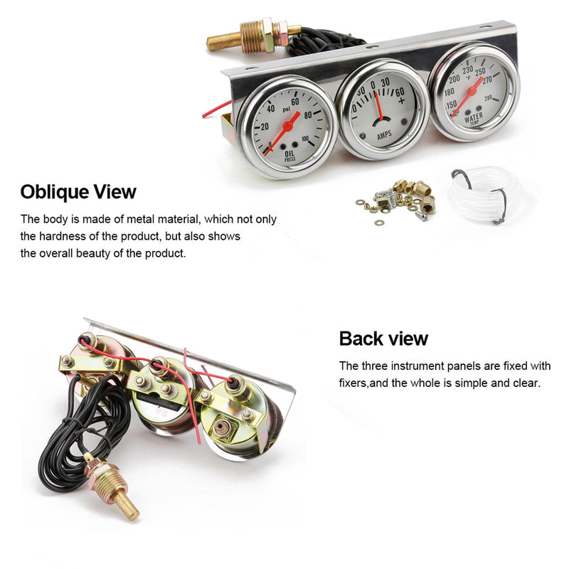 2'' 52mm Universal Chorme 12V DC Car Triple Gauge Kit Psi Oil Pressure Gauge Fahrenheit Water Temperature Temp Gauge Ammeter Gauge Set White Face Car Meter
