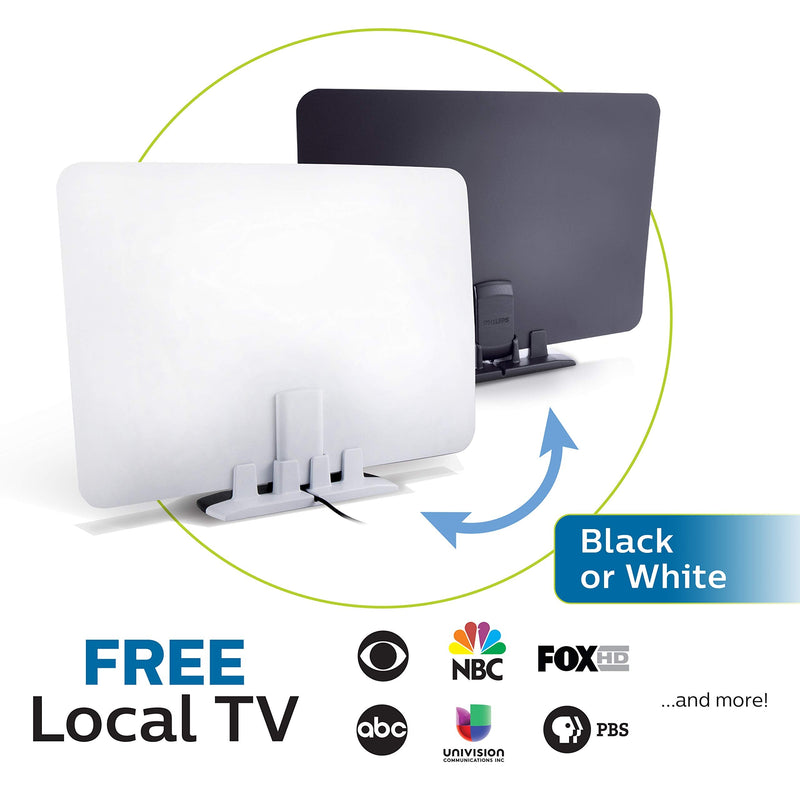 Philips Indoor Switch TV Antenna, Reversible Black White Finish, Perfect Home Decor, Long Range Digital HDTV Antenna, Smart TV Compatible, 4K 1080P VHF UHF, 10ft. Coaxial Cable Included, SDV2226N/27