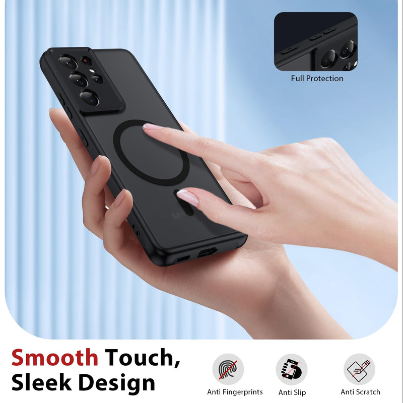 for S21 Ultra Phone Case, MagSafe Fit,Magnetic Matte,Black | 𝟐 𝐗 Screen Protector,Slim Translucent Matte Skin Feeling Shockproof Protective for Samsung Galaxy S21 Ultra Case Black Samsung Galaxy S21 Ultra 5G