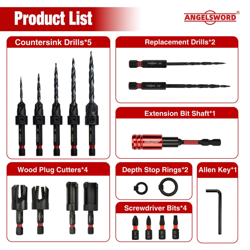 ANGELSWORD Countersink Drill Bit Set, 19 PCS Tapered Drill Bits Counter Sink Drill Bit with 4PCS Wood Plug Cutters, 1PC Magnetic Extension Bit Shaft for Woodworking