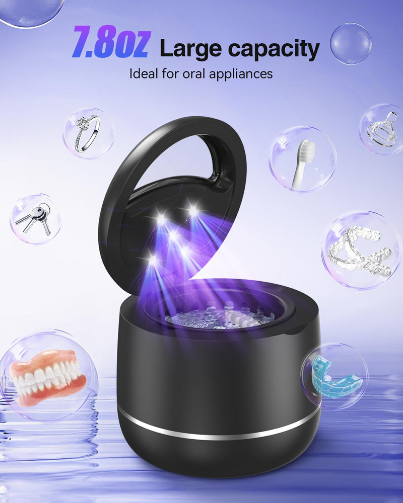 Miorcols Ultrasonic Retainer Cleaner Machine, 48kHz Denture Cleaner Machine with Dual Mode Digital Timer & 7.8OZ Large Capacity for Braces, Night Guard, Mouthguard, Toothbrush, Jewelry - Black