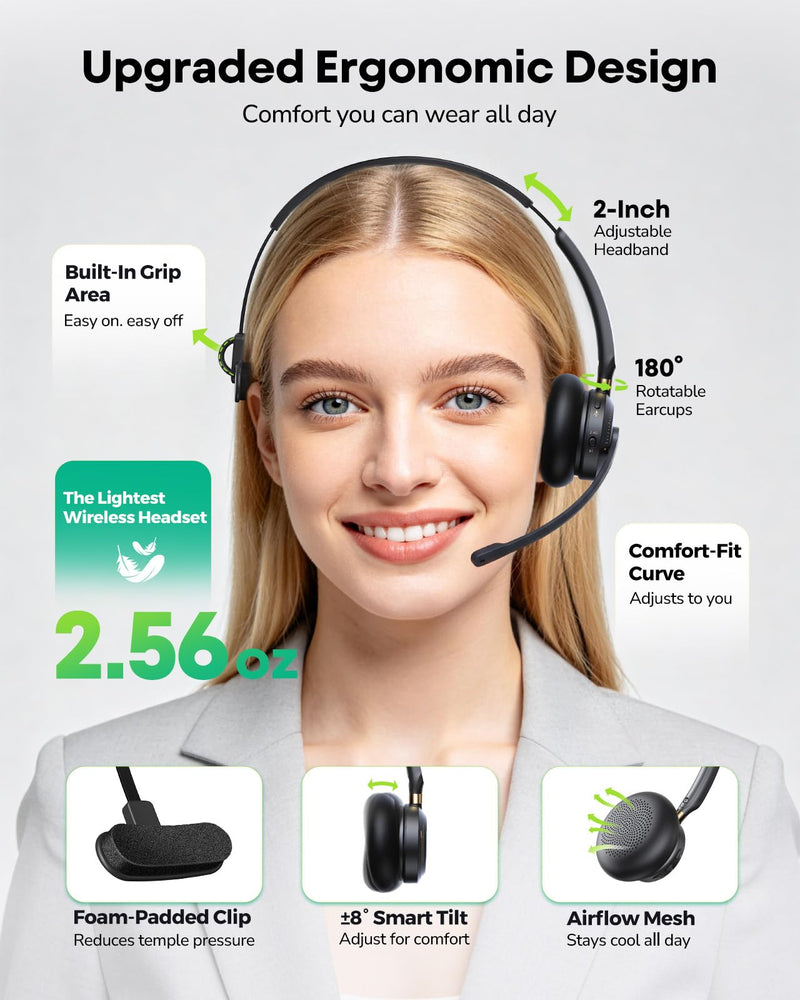 Wireless Headset with Mic for Work,Bluetooth Headset for Calls & Meetings | Bluetooth 5.3 & USB Dongle for Laptop, PC, iPhone & Android, Office & Call Center Headset for Remote Hybrid Worker Black