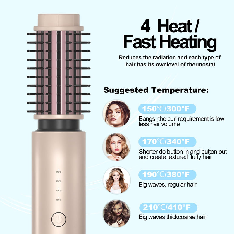 Cordless Hair Curling Brush, 40mm Portable Travel Cordless Hair Curler | 150-210℃, 7000mAh USB Rechargeable Heated Curling Iron and Straighteners for Daily Styling & Travel Gold