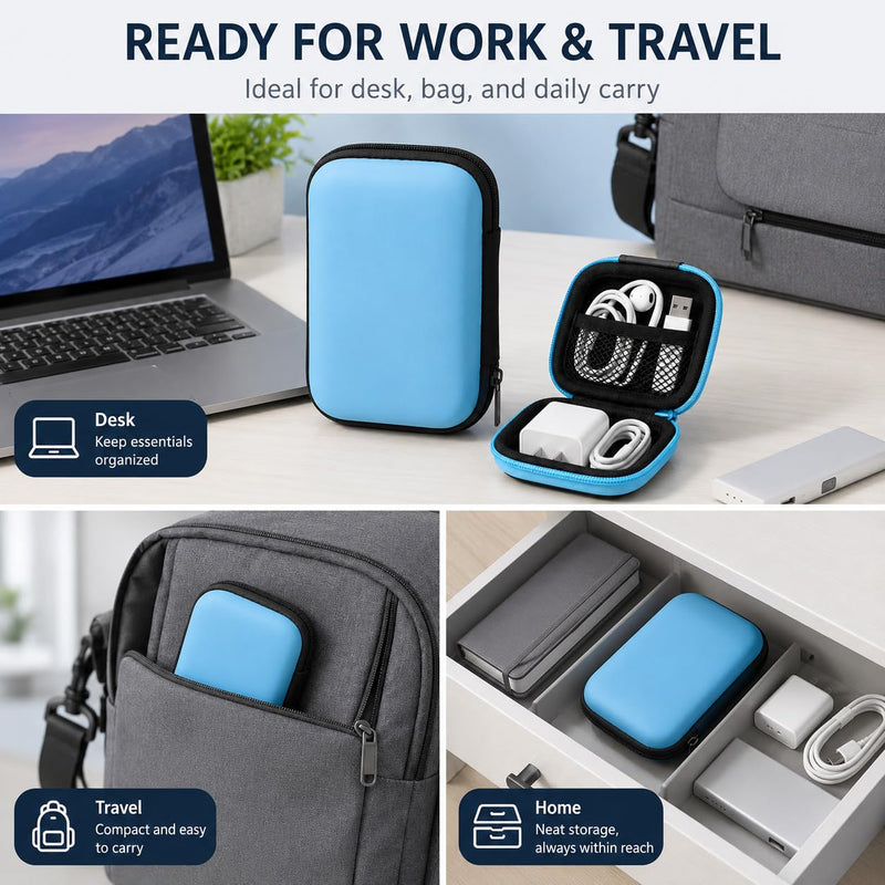 2Pcs EVA Zippered Organizer Pouches, Lightweight Hard Shell Cable Storage Case with Mesh Pocket for Earphones, Chargers, Travel and Desk,Black Black