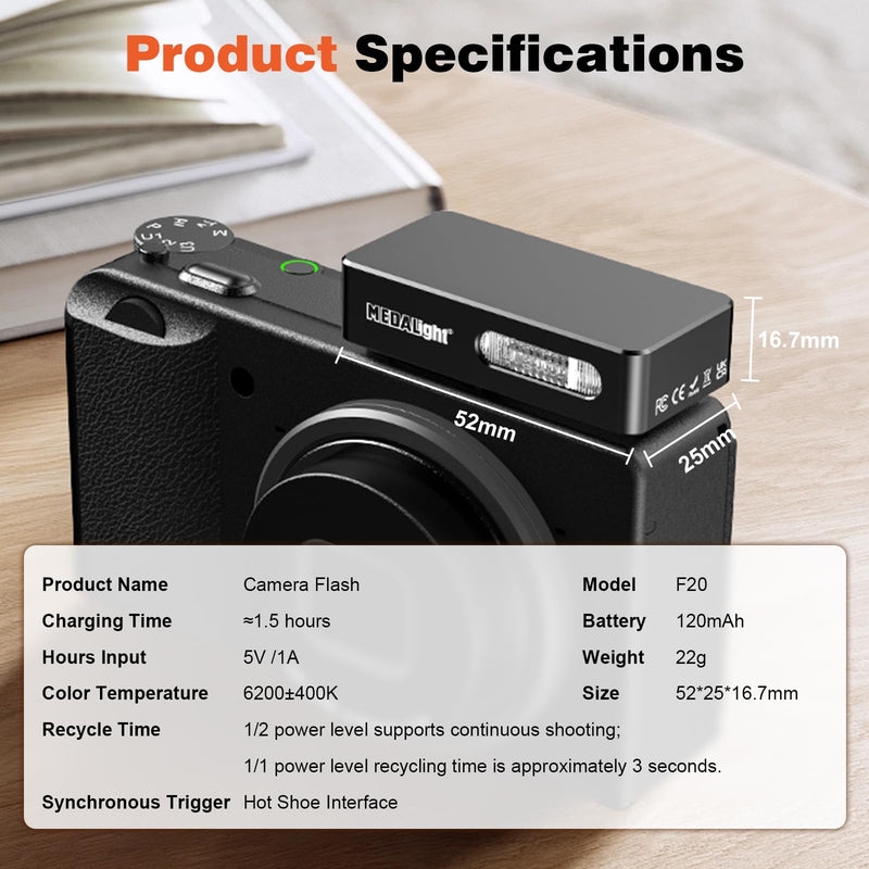 MEDALight F20 Mini Camera Flash for GR IV,Aluminum Hot Shoe Speedlite Compatible for RICOH GR IV/GR 3/GR 3X,6200K,2 Power Levels Portable Manual Flash(Black). Black
