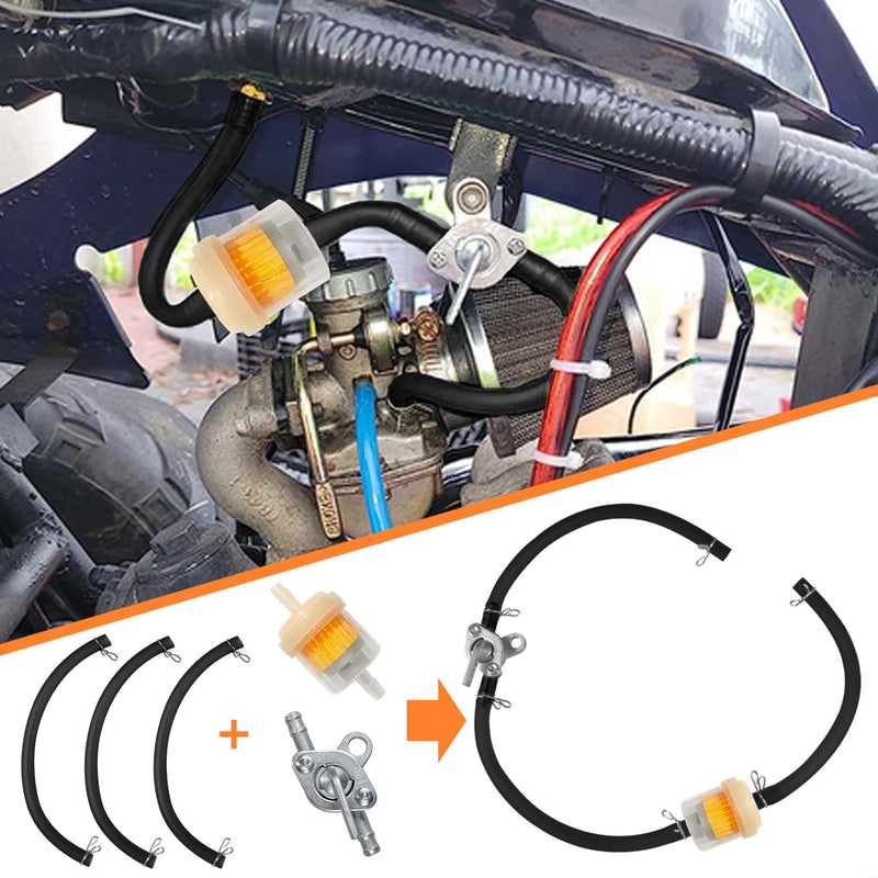 Gas Fuel Line Hose Clamps Fuel Filters with Inline Shut Off Valve Petcock Set for 50cc 70cc 90cc 110cc 125cc 150cc Taotao Coolster Apollo Baja ATV Four Wheeler Dirt Pit Bike (BLACK) Black