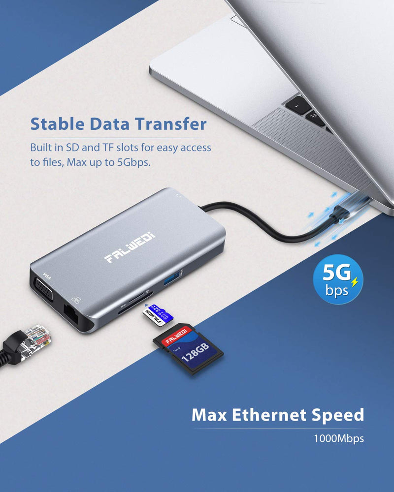 USB C Hub, Type C Adapter, FALWEDI 10-in-1 Dongle with Ethernet, 4K@30Hz HDMI, VGA, 3 USB3.0, SD/TF Card Reader, Mic/Audio, USB-C PD 3.0, Compatible for MacBook Air Pro and Other Type C Laptops