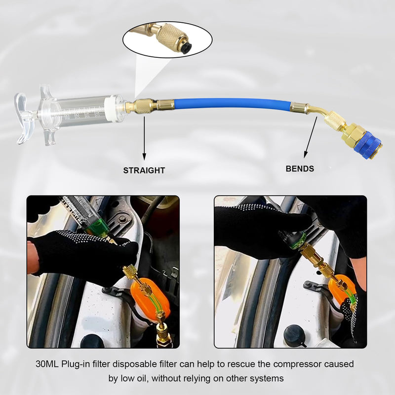 Oil and Dye Injectors Kit, 30ml/1 Oz Hand Push Oil Injector with Snap Quick Coupler 1/4" SAE Connector, Screw-in Manual AC Dye Injector Refrigerant Tools for Car HVAC System