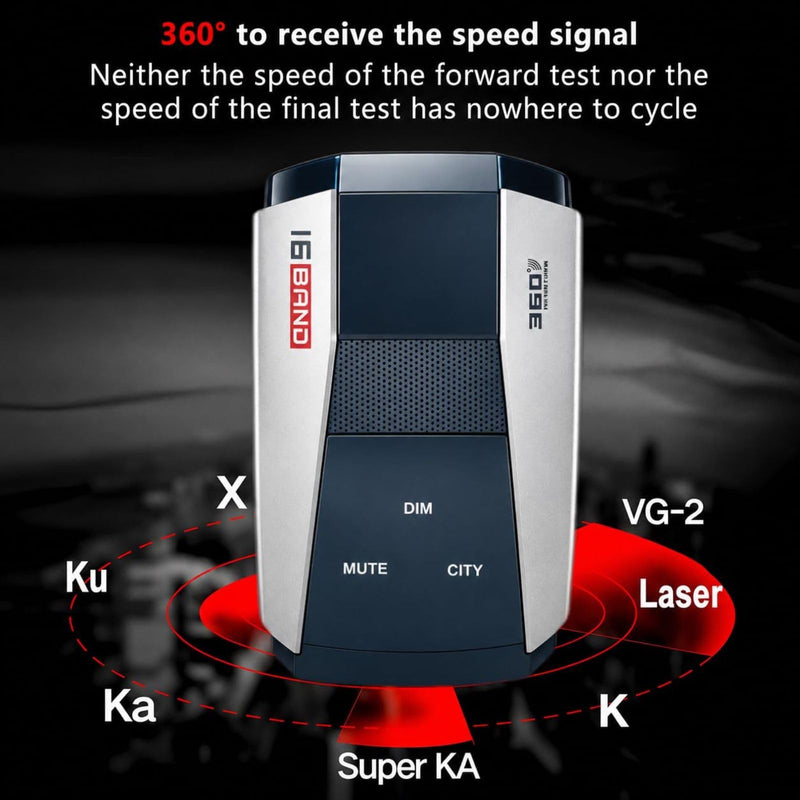Radar Long Range Vehicle Signal Detector, 360° Full-Band Detection with X/K/Ka/Ku Signal Support, City & Highway Modes, DSP Noise Reduction, Voice Alerts, Memory Function for Safer Driving 2