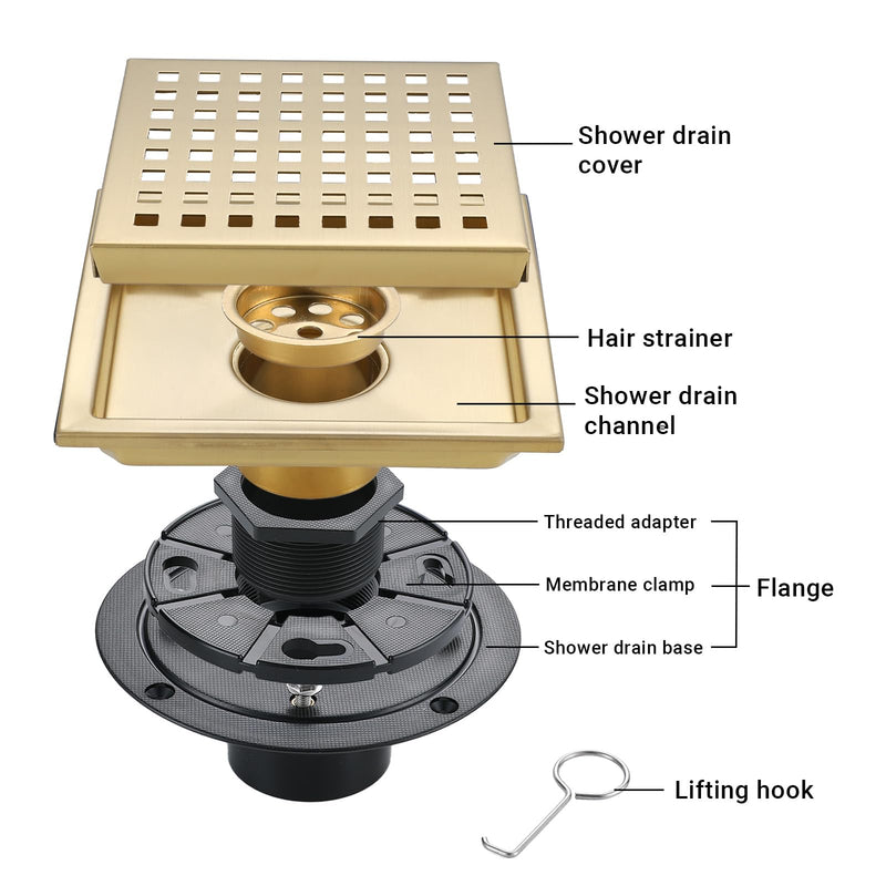 4 Inch Square Shower Floor Drain, Stainless Steel Black Shower Drain Kit with Flange, Floor Drain with Removable Grid Cover,Brushed Gold 4 inch-Grid Brushed Gold