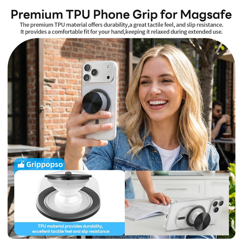 Grippopso for Magsafe Phone Grip, Magnetic Phone Grip Holder, Khaki | Magnetic Collapsible Expandible Mobile Phone Grips Stand Holder for iPhone 17 16 15 14 13 12 Series CD Pattern Transparent Khaki