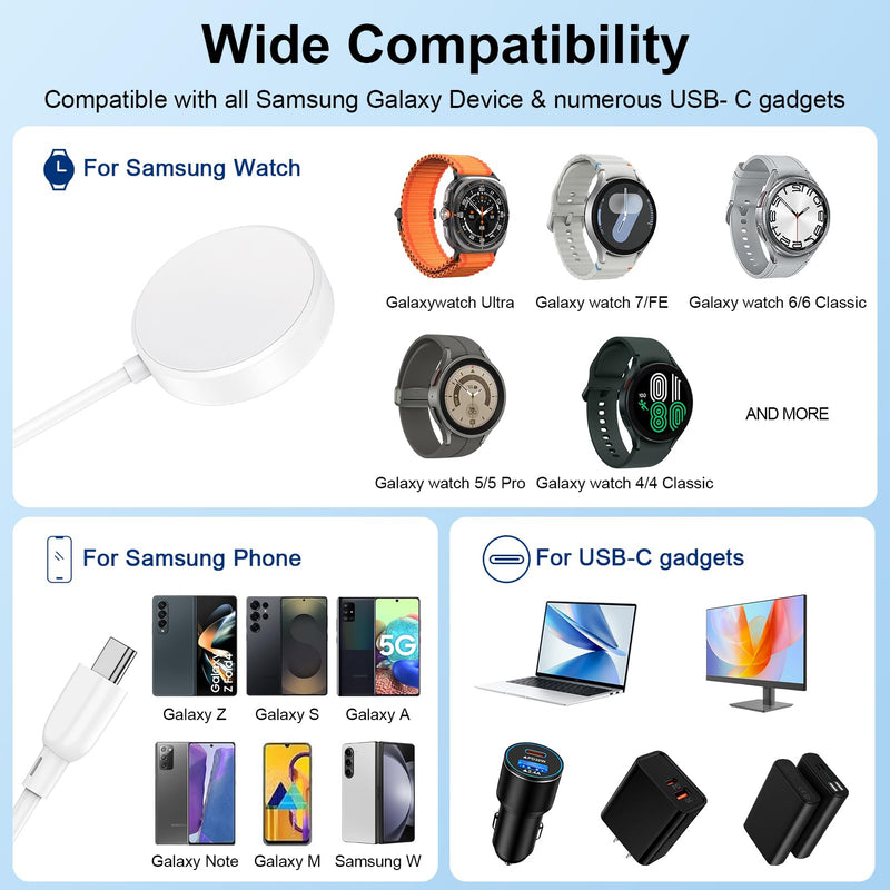 Samsung Watch Charger for Samsung Watch 8 Classic/8/7/6/Ultra/FE/5 Pro/4/3 | Active 2/Active 1,Fast Charging Smart Watch Charger Magnetic Wireless Charging Station Pad with USB C Charging Cable Dock 3FT