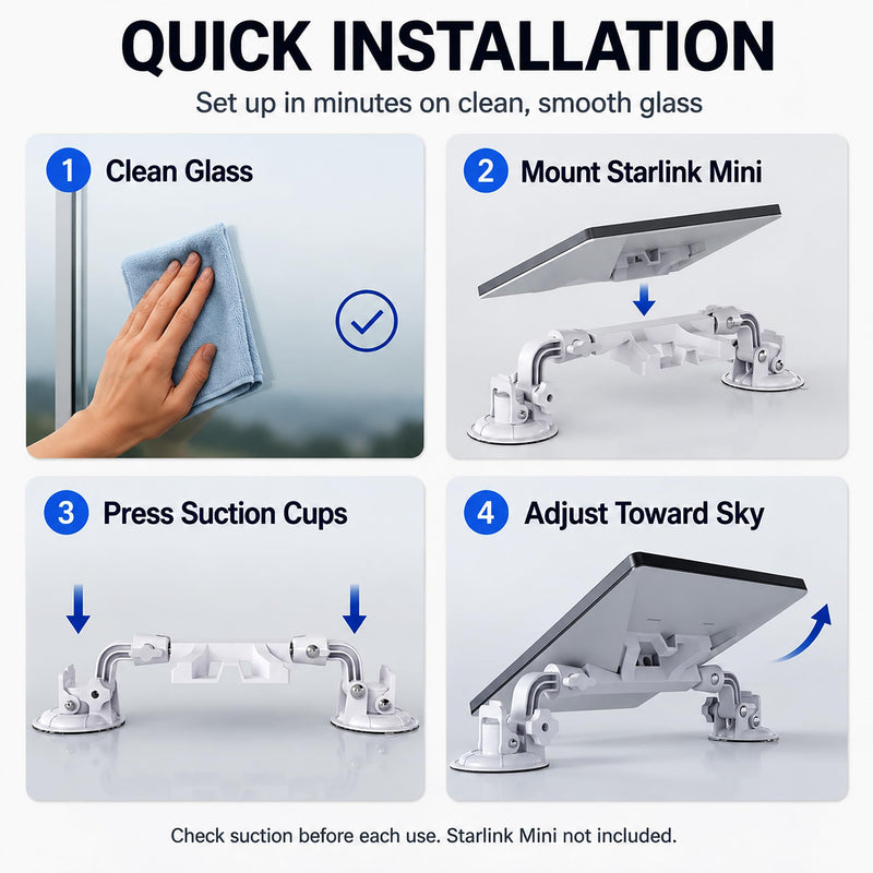for Starlink Mini: Suction Cup Window Mount, Dual 3.5-Inch Cups | Dedicated lock; multi-joint arm holds position, folds flat for travel.