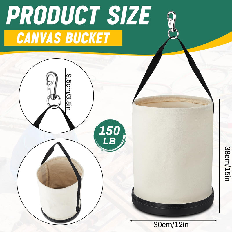 1 Pack Canvas Bucket 15" x 12" Heavy Duty Lineman Tool Bag with Plastic Bottom & Metal Hook Electrician Tool Organizer for Jobsite Use, Load Rated up to 150 Pounds (White) 1 White