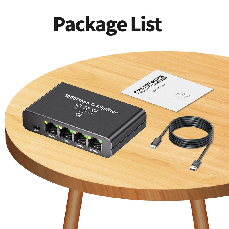 Gigabit Ethernet Splitter 1 to 4 - 1000Mbps RJ45 Port Router Switch with USB-C Power, Plug & Play 1-in-4-Out LAN Adapter for Cat5/5e/6/7/8 Cables, High Speed Network Switch for Desktop Printer Camera