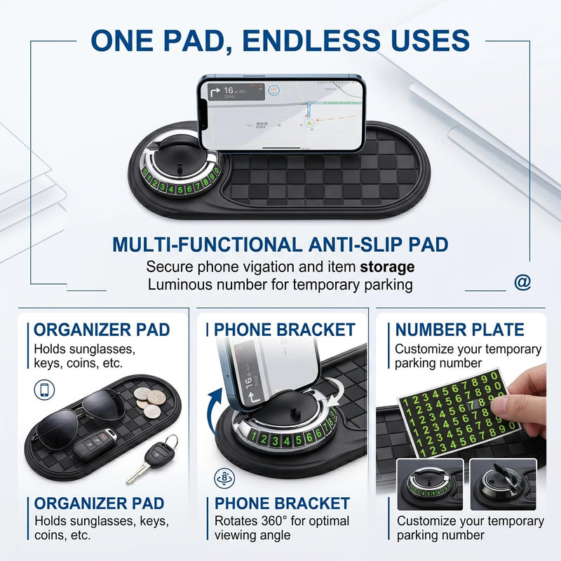 Anti Slip Mat for Car Dashboard-for Phones,Sunglasses,Keys,Daily Essentials | Car Dash Accessories-With 360° Rotating Phone Holder,Multi-Functional Organizer Pad,Adjustable And Secure Grip (Black)