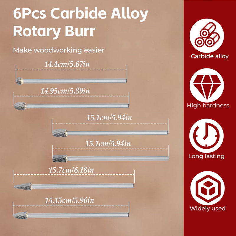 findmall 6Pcs Carbide Alloy Rotary Burr Set 6mm(1/4") Shank 10mm Head 150mm Length for DIY Woodworking Metal Carving Polishing Engraving Drilling